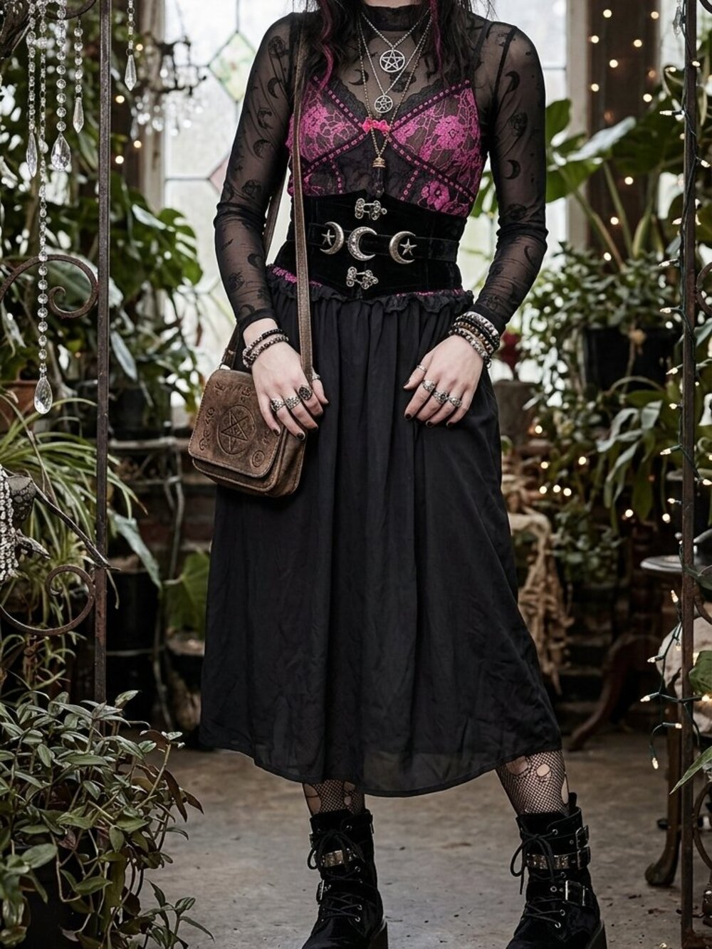 La Loire Black Pink Lace Velour Whimsigoth Vampirecore Maxi Slip Dress Medium